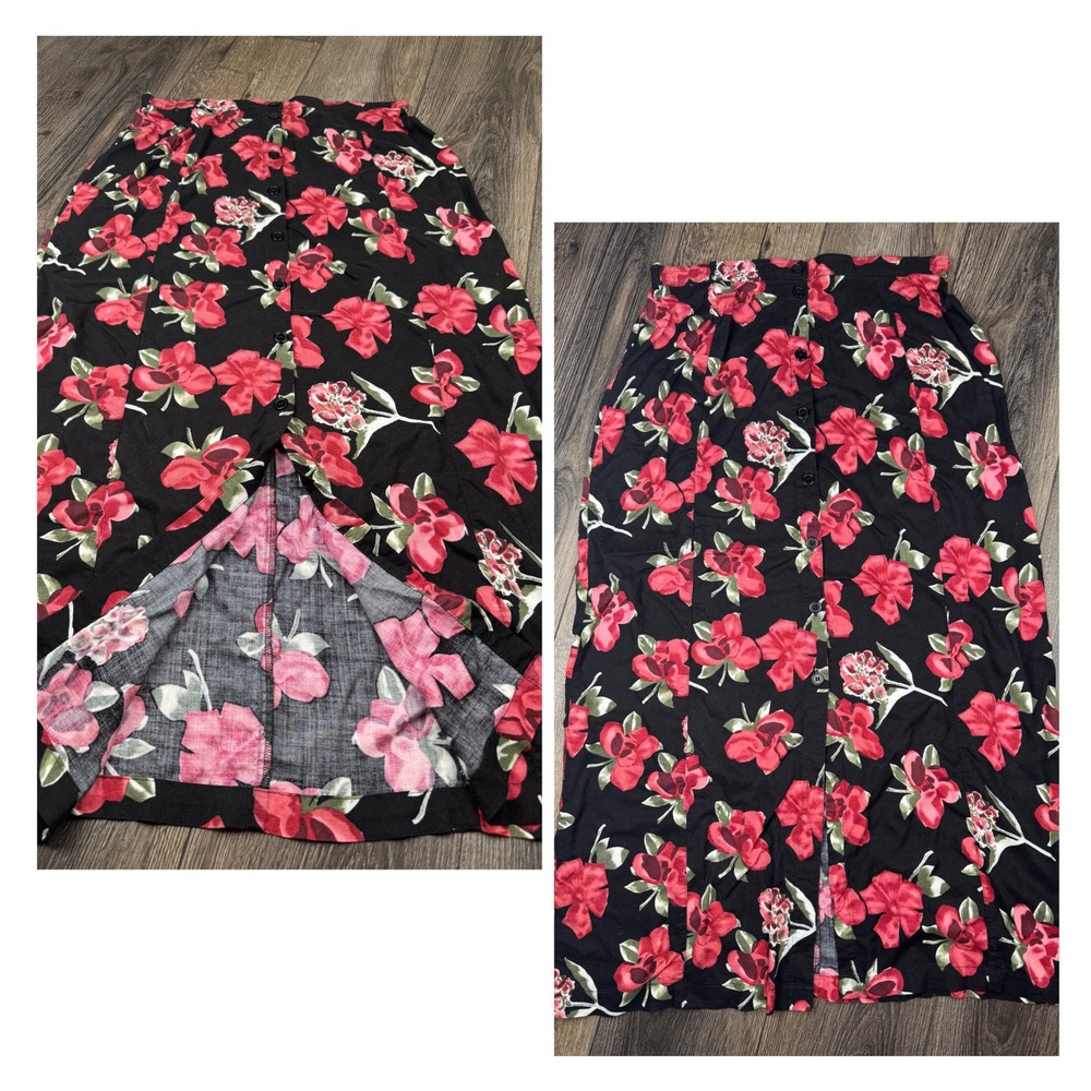 Y2K dark floral midi skirt romantic cottagecore soft‎ grunge black red rose  14